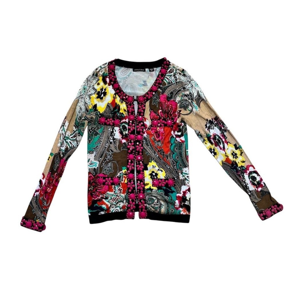 Michael Simon Women's Petite Floral Embellished Cardigan Sweater S